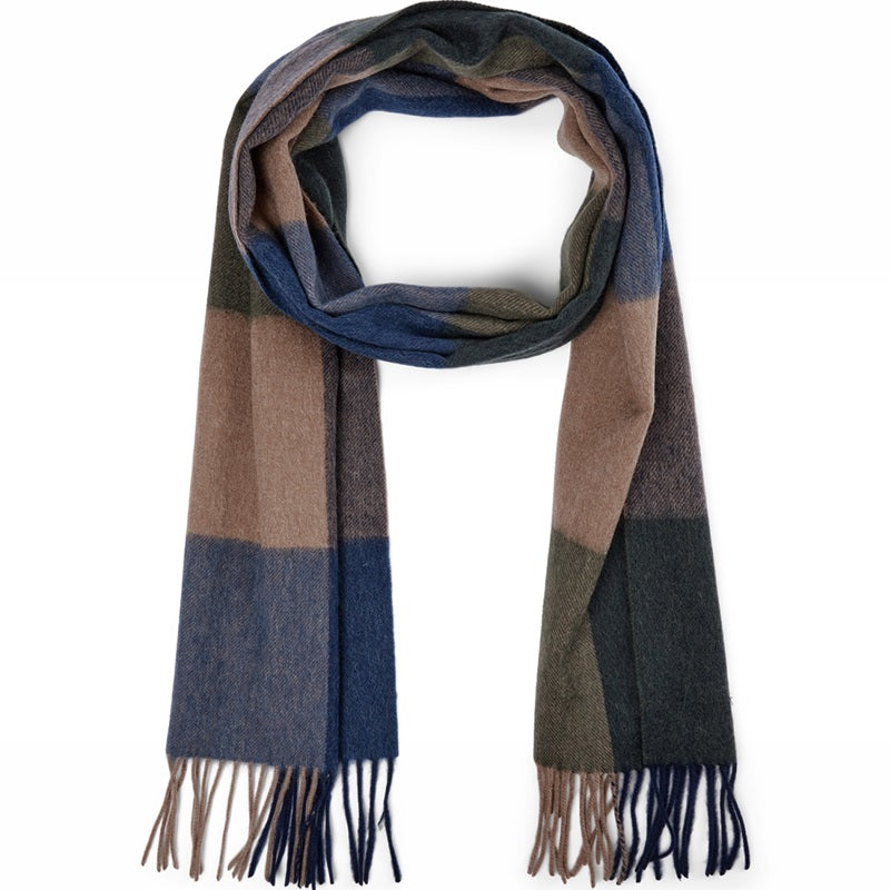 Gemusterter Herrenschal in mehreren Farben. Beige, Grau, Blau. 100 % Wolle. Verbindungsbinder