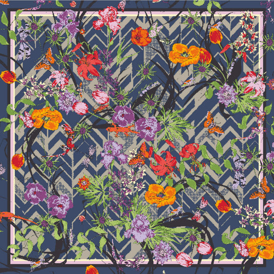 Living Garden Zigzagged scarf. 100% silk. Blue, sand, green, red, orange. Bella Ballou