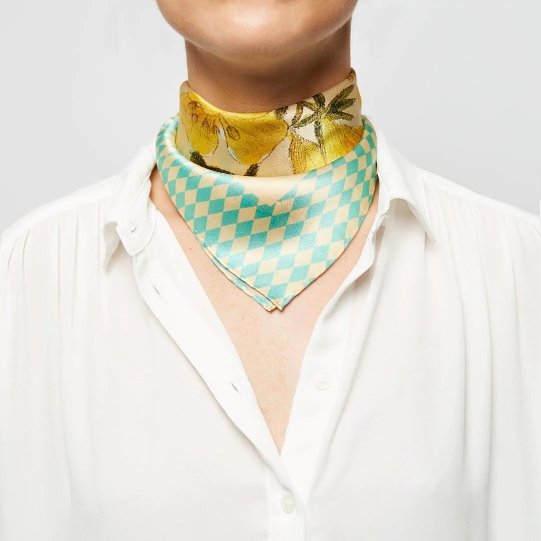 Harlequin Flower silk scarf. 100% silk. Turquoise, yellow. Flora Danica Denmark