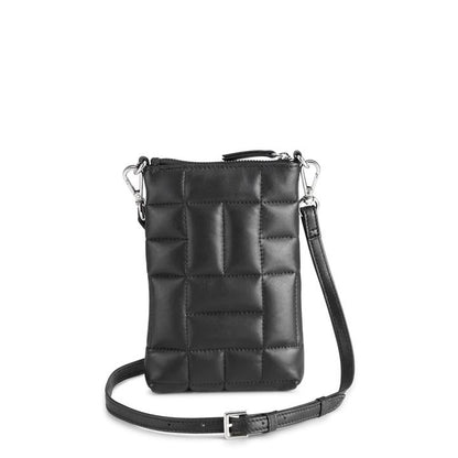 Sanna mobiltaske med rem. Sort læder med struktur. Den perfekte puffer taske